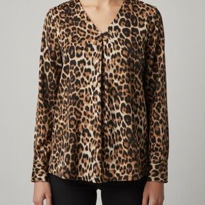 Chico's Leopard Print V-Neck Blouse large textured fabric covered buttons
